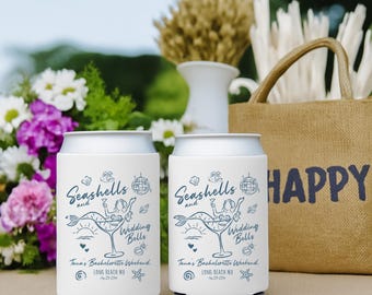Personalized Seashells and Wedding Bells Can Coolers: Beach Bachelorette Party Favors