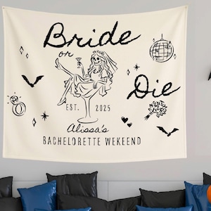 Bride Or Die Custom Banner Tapestry, Funny Halloween Bachelorette Party Banner, Spooky Bridesmaid Gifts, Skeleton Bride Team Banner