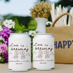 Custom Love is Brewing Can Coolers: Coffee Bridal Shower Favors