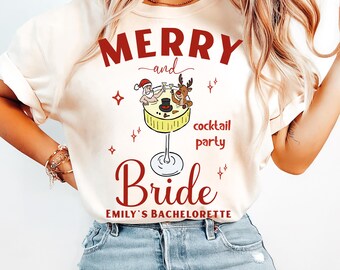 Merry and Bride Christmas Shirt, Holiday Bachelorette Party Tee, Custom Bride & Bridesmaid Shirts, Retro Christmas Bridal Shower Top