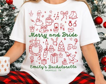Christmas Bachelorette Party Shirts: Merry and Bride Custom Bridal Tees Bachelorette  Comfort Colors
