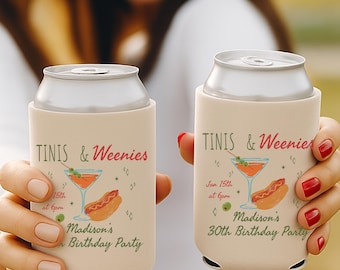 Personalized Martini & Hotdog Birthday Can Cooler: Custom Party Favor