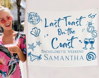 Custom Beach Bachelorette Tapestry Banner: Last Toast on the Coast Backdrop