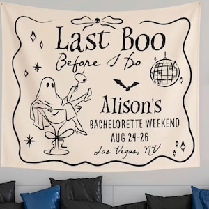 Last Boo Before I Do Party Bachelorette Banner Personalized Gothic Skeleton Bride Photo Backdrop Tapestry, Funny Halloween Wedding Favors