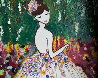 Grafika artystyczna „Dziewczynka z kwiatami” | Fantazyjny obraz ogrodowy (pobranie cyfrowe)