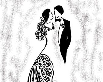 Czarno-biała ilustracja pary młodej | Efekt migoczącego deszczu (pobierz JPEG)