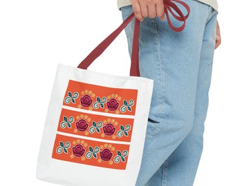 Torba typu tote w paski z różami | Wzór kwiatowy, pomarańczowo-różowy, dekoracyjny nadruk