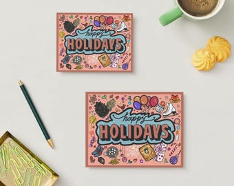 Zestaw kartek świątecznych do druku | Świąteczna pocztówka z ilustracjami | Zimowe pozdrowienia do pobrania natychmiast | W zestawie kartka świąteczna