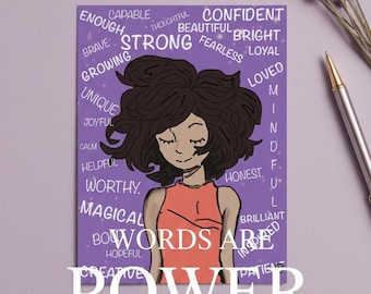 Karta z afirmacją dla dziewcząt | Pakiet do pobrania cyfrowego | Pocztówka z pozytywnymi słowami | Karta z wyrazami miłości do siebie | Edytowalna