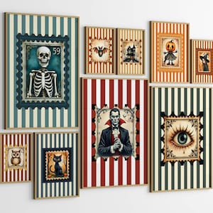 Set of 9 Halloween Stamp Wall Art Print: Vintage Home Decor