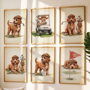 Puede incluir: Conjunto de seis impresiones artísticas enmarcadas con ilustraciones en acuarela de un perro jugando al golf. El perro se representa en varias escenas, como sosteniendo un palo de golf, conduciendo un carrito de golf y cerca de una bolsa de golf. La obra de arte tiene una estética vintage.