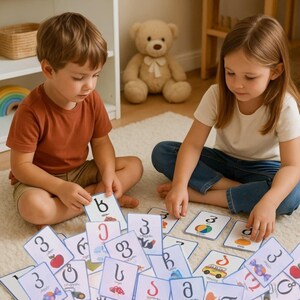 May include: Two children are sitting on a rug, surrounded by flashcards. The cards feature numbers, letters, and illustrations. A teddy bear sits in the background. The children are focused on the cards, suggesting an educational activity.