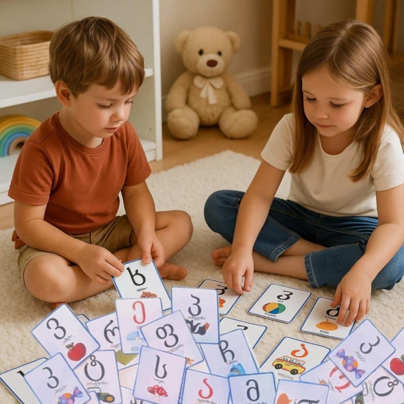 May include: Two children are sitting on a rug, surrounded by flashcards. The cards feature numbers, letters, and illustrations. A teddy bear sits in the background. The children are focused on the cards, suggesting an educational activity.