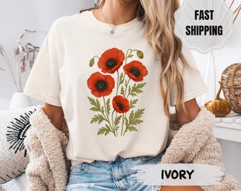 Poppies Linocut T-Shirt: Comfort Colors Floral Tee, Cottagecore Boho Style