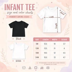 May include: An infant tee size and color chart for Rabbit Skins 3322. The graphic displays a white t-shirt with arrows indicating length, width, and sleeve measurements, a black t-shirt, a white t-shirt, and a table with dimensions in inches.