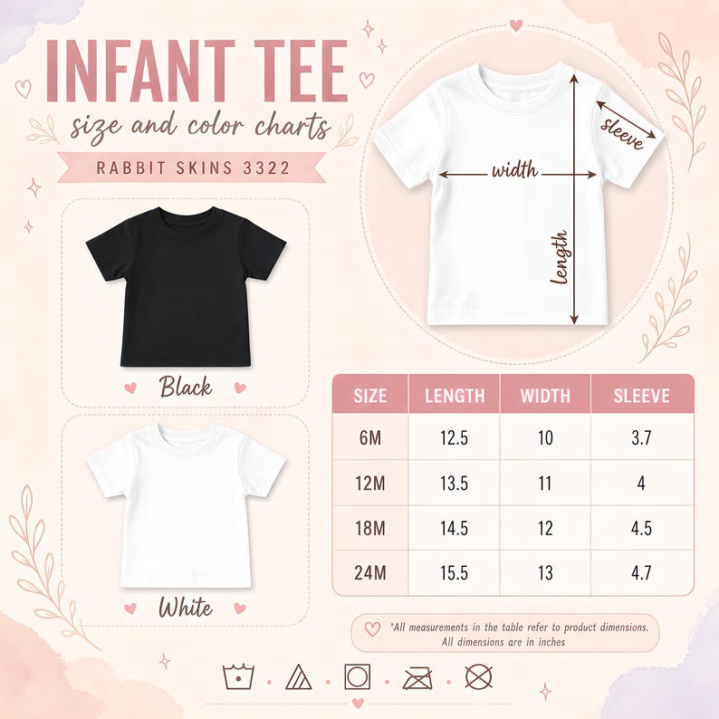 May include: An infant tee size and color chart for Rabbit Skins 3322. The graphic displays a white t-shirt with arrows indicating length, width, and sleeve measurements, a black t-shirt, a white t-shirt, and a table with dimensions in inches.