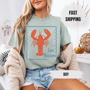 Komfortfarben Hummer-Grafik-T-Shirt, französisches Küsten-beunruhigtes T-Shirt, übergroßes Coquette ästhetik-Shirt, Fisch-Wasserfischer-Stil