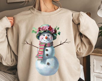 Leuke sneeuwpop kersttrui en hoodie, gezellige wintervakantietrui, feestelijke sneeuwpop afbeelding, warme retro kersttop, cadeau idee voor vakantie
