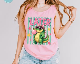 Comfort Colors Later Gator Tank Top and T-Shirt, Funny Alligator Beach Shirt for Women, Retro Bubble Gum Tee, Summer Vacation Graphic Top