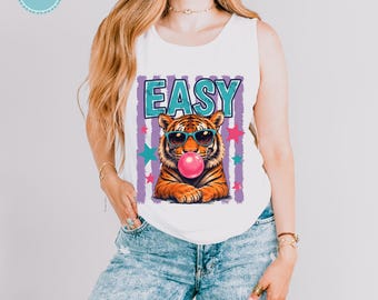 Comfort Colors Easy Tiger Tank Top and T-Shirt, Funny Tiger Beach Shirt for Women, Retro Bubble Gum Tee, Summer Vacation Graphic Top