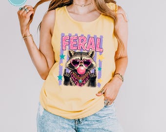 Comfort Colors Feral Raccoon Tank Top and T-Shirt, Funny Raccoon Beach Shirt for Women, Retro Bubble Gum Tee, Summer Vacation Graphic Top