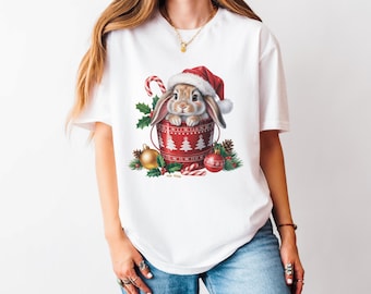 T-shirt kerst schattig konijn, cadeau kerstshirt, cadeau voor vrouwen kerstshirt, kerstcadeau hoodie, kerstshirts, cadeau voor kinderen T-shirt