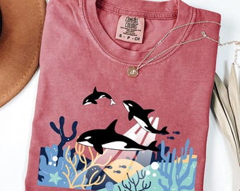 Comfort Colors® Trio of Orcas Sea Tshirt, Unisex Orca Tshirt, Whale Shirt, Orca Shirt, Ocean Shirt, Marine Biology Gift Sea Animal Lover Tee