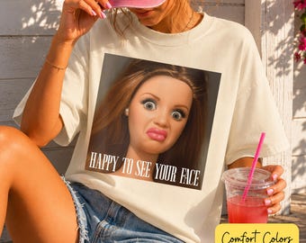 T-shirt "Happy to See Your Face", Comfort Colors® grappig T-shirt voor leerkrachten, T-shirt met een walgelijk poppengezicht voor de eerste schooldag, cadeau voor kleuters