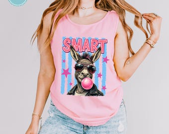 Comfort Colors Smart Donkey Tank Top and T-Shirt, Funny Beach Shirt for Women, Retro Bubble Gum Donkey Tee, Summer Vacation Graphic Shirt