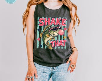 Comfort Colors Shake That Fish Tank Top and TShirt, Funny Fishing Beach Shirt for Women, Retro Bubble Gum Fish Tee, Summer Lake Vacation Top