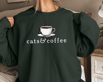 Cats And Coffee Sweatshirt and Hoodie, Coffee Lover Gift, Cat Lover Gift Shirt, Minimalist Top, Oversize, Women Hoodies, Mens, Unisex  Shirt