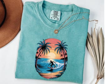 Camiseta de surf Comfort Colors: camiseta vintage de playa con atardecer, camiseta de vacaciones, camiseta retro vintage de playa, camisetas de verano