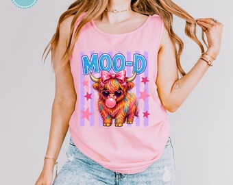 Comfort Colors Moo-D Highland Cow Tank Top and T-Shirt, Funny Cow Beach Shirt for Women, Retro Bubble Gum Tee, Summer Vacation Graphic Top