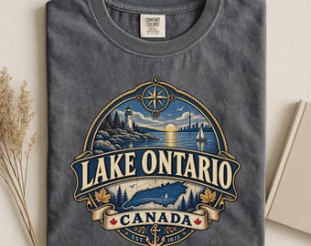 T-shirt met het logo van Lake Ontario in een klassieke stijl, symbool van Canadese trots. Comfort Colors® Vintage Tee, geen T-shirt met Lake America-print, anti-Trump shirt.