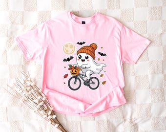 Leuk spookshirt, spookachtig fietsen spookt-shirt, grappig Halloween-T-shirt, pompoenvleermuis spookshirt, herfstspookshirt, Halloween cadeau-shirt