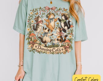 T-shirt met dansende katten, Comfort Colors® Vintage katten-T-shirt voor kattenliefhebbers, Cottagecore bloemen- en dierenprint, boxy model.