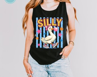Comfort Colors Silly Goose Tank Top and T-Shirt, Funny Goose Beach Shirt for Women, Retro Bubble Gum Tee, Summer Vacation Graphic Top