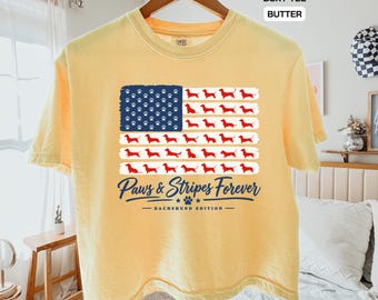 Paws And Stripes Forever Boxy Tee, T-shirt met teckelprint, patriottische hondenafbeelding, Comfort Colors® Crop top, cropped cadeau