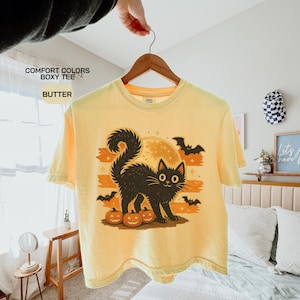 Maglietta nera con gatto di Halloween, maglietta Comfort Colors® con zucca spettrale, maglietta corta vintage con pipistrello, maglietta autunnale con gatto carina, regalo di Halloween