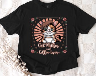 Kattmamma och kaffeälskare unisex t-shirt, rolig kattmamma-tröja, söt kattälskare-tröja, kaffe- och katttröja, kattdame-grafik-tröja, mamma-present