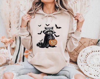 Halloween Raccoon Hoodie, Cute Pumpkin Sweatshirt, Spooky Season Crewneck, Cozy Halloween Hoodie, Bat And Pumpkin Fall Sweater, Gift For Her