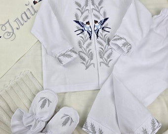 Christening set for a boy with embroidered wheat ears and personalized embroidery