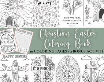 May include: A black and white colouring book with 10 colouring pages and 2 bonus activities. The cover features a cross with flowers and the text "Christian Easter Colouring Book".