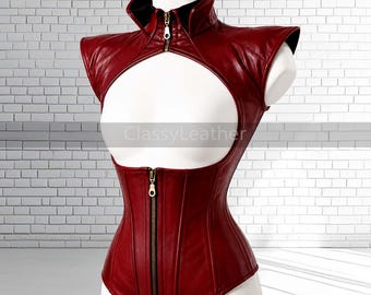 Corsé de piel de oveja roja, bustier, top de cuello alto con cordones