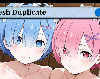 May include: Illustration of two anime-style characters with blue and pink hair. The character on the left has blue hair and blue eyes, while the character on the right has pink hair and red eyes. The text "Flesh Duplicate" is at the top.
