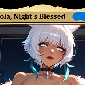 May include: Illustration of a character with white hair, cat ears, and teal accents. The character has dark skin, red lips, and a black choker. Text above reads "Y'shtola, Night's Blessed". The background shows a cityscape.