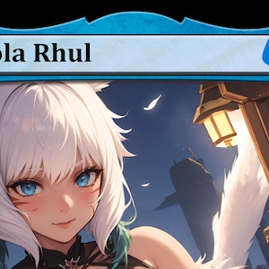 May include: Digital art of a character with white hair, blue eyes, and cat ears. The character is wearing a black outfit and has a white tail. The image has the text "Y'shtola Rhul" at the top. The background includes a building and a lantern.