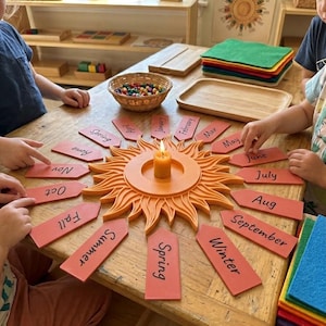 Montessori Birthday Sun Calendar – 3D Printed Learning Tool with Months & Seasons Tags (Updated Labels)