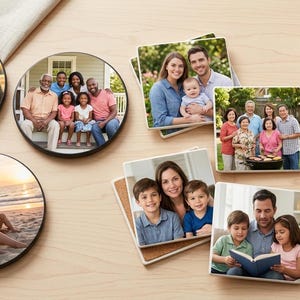 May include: A collection of round and square ceramic coasters featuring various printed family photographs. The set includes images of families in outdoor settings, at the beach, and indoors, with one coaster placed under a white ceramic mug.