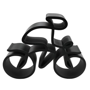 Minimalist cyclist sculpture in a continuous line style, manufactured from plastic and displayed from a side angle to showcase its smooth contours and stylized silhouette.